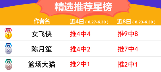 30日推荐汇总：流水近13场胜率92% 女飞侠精选4连红