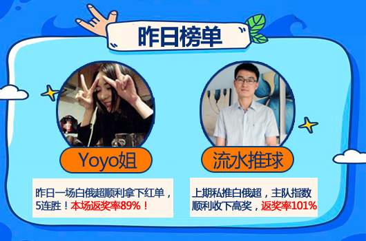 28日推荐汇总：Yoyo姐临场5连胜 流水高奖红单收下