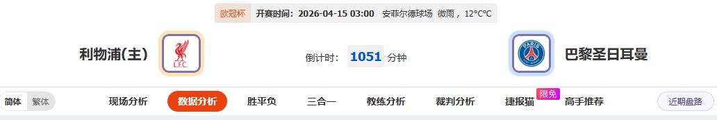 利物浦VS巴黎：红军主场能否绝境求生？
