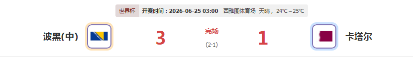 波黑3-1送卡塔尔出局 哲科造乌龙