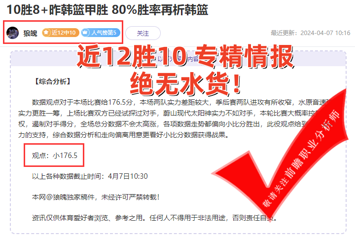 喜报：狼魄12胜10 拿捏球姐人气暴涨！精准方案绝无水货！
