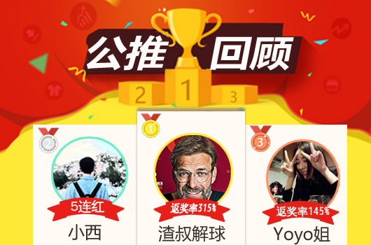 红人榜：小西公推近5中5 渣叔解球获得315%返奖率