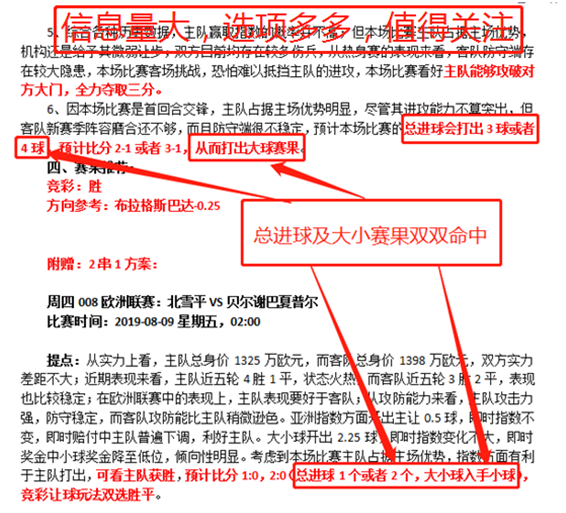 昨日总进球大小球双双命中，今日信心荐法乙
